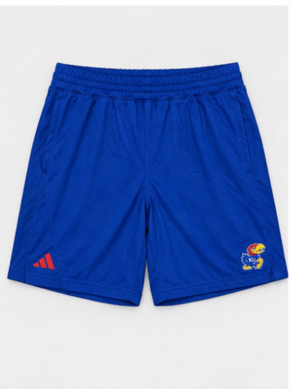 adidas Blue Athletic Shorts with Red Logo and Team Patch